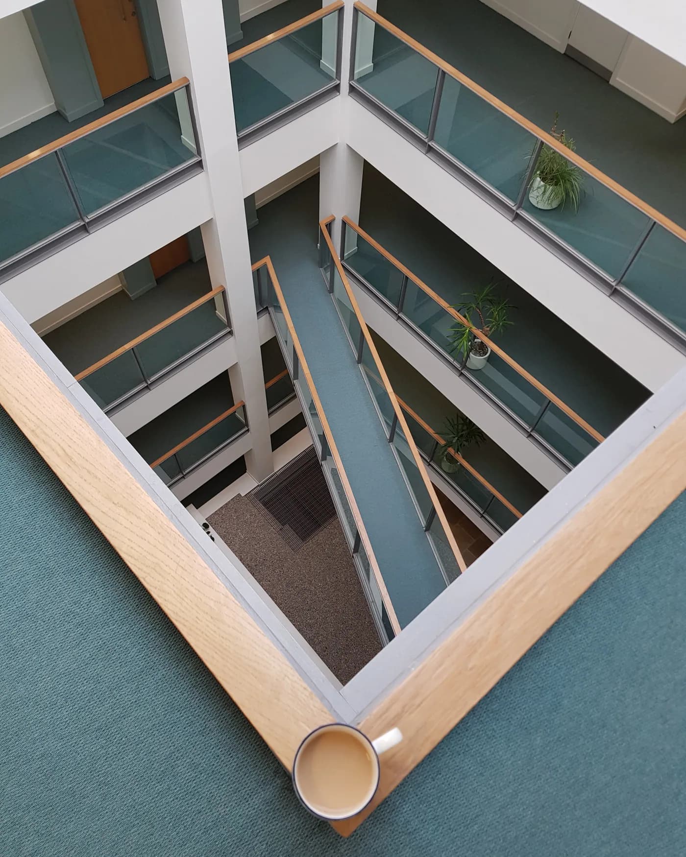 Commercial atrium with glazed balustrades and timber handrails