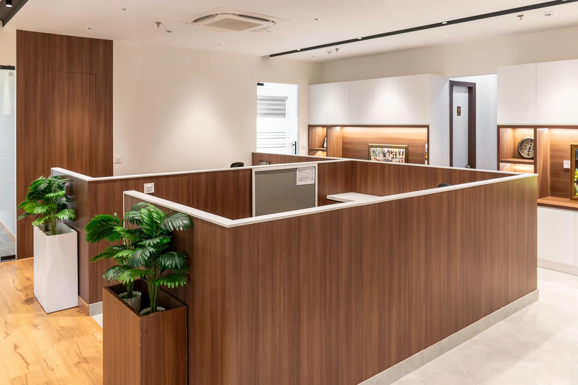 Modern office interior with timber partitions and ceiling services